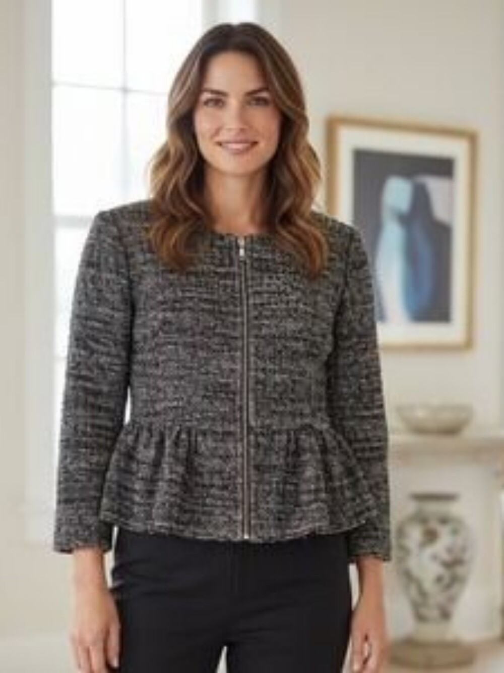 NWT Rebecca Taylor Tweed Peplum Jacket BlazerSize 12 Black white Texture Zip Up